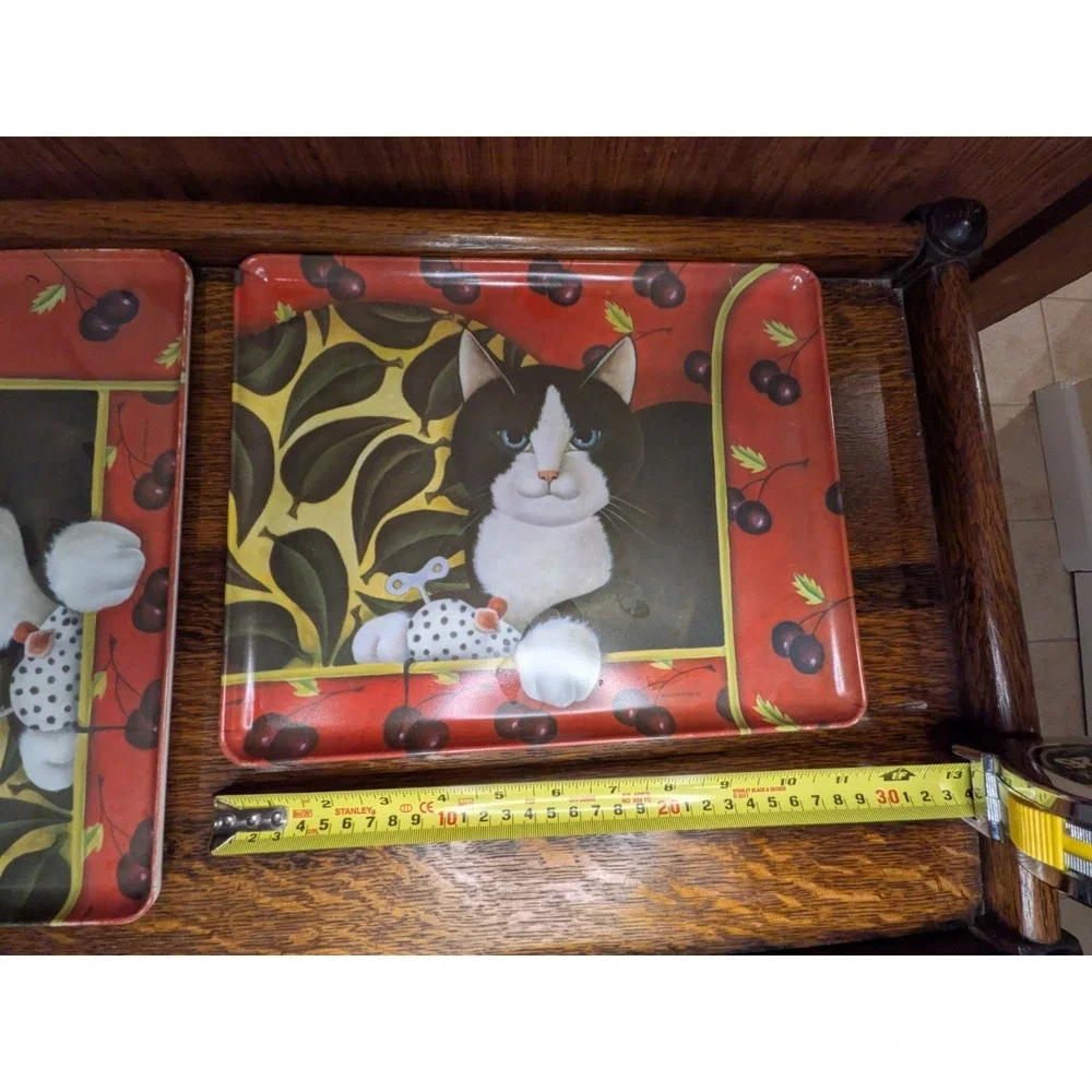 Set Of 2 Diane Jackson Melamine Trays, Tuxedo Cat w/Cherries Made In Italy 12